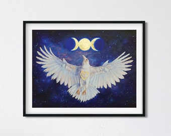 White Raven Painting with Gold Leaf - Handmade Triple Moon Art Gift - Galaxy Nebula Night Sky - 12x16 Original Artwork on Watercolor Paper