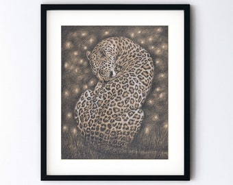 Leopard Bathing Original Drawing - Big Cat and Stars Art - Unique Magic Realism Handmade Pencil Sketch - 8x10 Artwork With 11x14 Mat Option