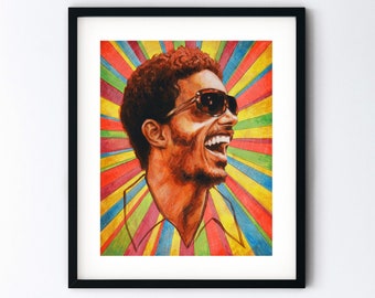 Stevie Wonder Art Print - 1970s Rainbow Singer Illustration - Matted 5x7 or 8x10 or 8.5x11 Artwork with Mat Option - Retro Vintage Musician