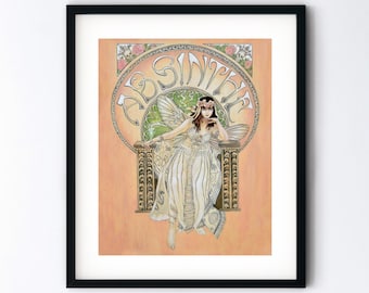 Art Nouveau Absinthe Fairy Art Print - Colorful Pastel Theda Bara Drawing - Handmade 5x7 or 8x10 or 8.5x11 Inch Artwork with Mat Option