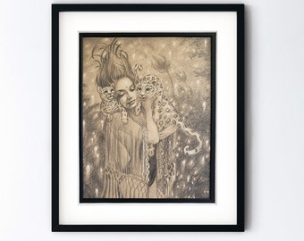 Windswept Woman Original Drawing - Girl with Leopard Cubs - Handmade Pencil Art of Cats - Surreal Magic Realism Boho Artwork with 11x14 Mat