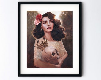 Lana Del Rey Art Print - Skull with Crown Art - Gothic Romance Memento Mori - Pastel Goth Dark Art - 5x7 or 8x10 or 8.5x11 Inch with Mat