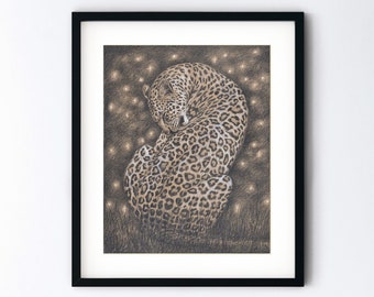 Leopard Art Print - African Wildlife Fine Art - Big Cat Pencil Drawing - Magic Realism - Matted 5x7 or 8x10 Artwork With 11x14 Mat Option