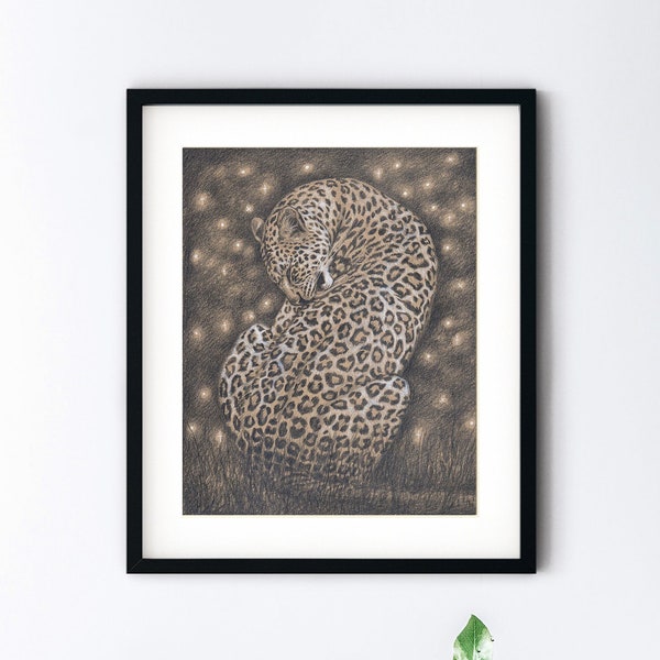 Leopard Art Print - African Wildlife Fine Art - Big Cat Pencil Drawing - Magic Realism - Matted 5x7 or 8x10 Artwork With 11x14 Mat Option