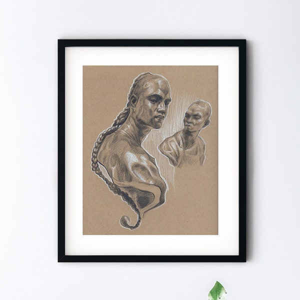 Classical Study Original Drawing - Le Chinois Jean-Baptiste Carpeaux Bust - 9x12 Tan Paper Pencil Sketch - Handmade One of a Kind Artwork