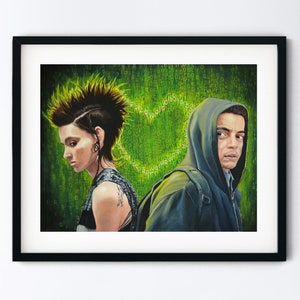 Cyberpunk Art Print - Elliot Alderson and Lisbeth Salander - Green Binary Code Hacker Painting - Mr.Robot - Girl With The Dragon Tattoo