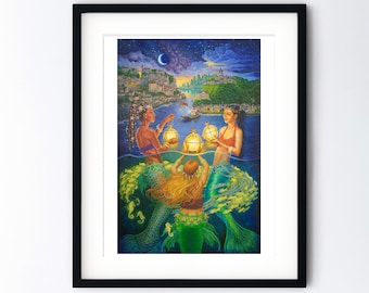 Mermaid Festival Art Print - Starry Night with Sirens and Lanterns - Underwater Art - Fantasy Magic Realist Artwork with 11x14 Mat Option