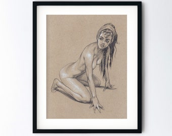 Nude Woman Art Print - Handmade Figure Drawing Pencil Sketch - Beautiful Boho Woman Minimalism - 5x7 8x10 8.5x11 Artwork with Mat option