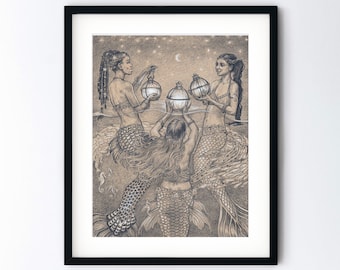 Three Mermaids Original Drawing - Handmade One of a Kind Art Gift - Mermaid with Starry Sky and Lanterns - Pencil Artwork with 11x14 Mat