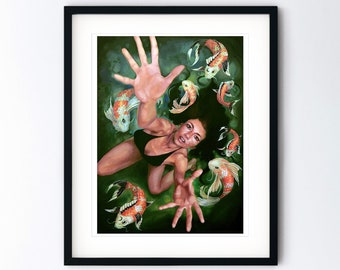 Magic Realism Art Print - Underwater Woman Painting with Koi Fish - Handmade Fantasy Joyful Art - 5x7 or 8x10 Artwork with 11x14 Mat Option