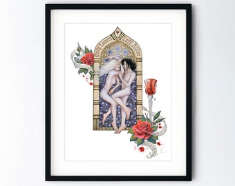 Only Lovers Left Alive Art Print - Gothic Valentine Art Nouveau Vampires - Handmade 5x7 or 8x10 or 8.5x11 Inch Print with Mat Option