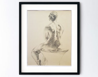Classical Nude Original Drawing - Handmade Female Figure Pencil Artwork - Woman's Back Sketch - 8x10 Figurative Realism Study with 11x14 Mat