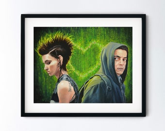 Cyberpunk Art Print - Elliot Alderson and Lisbeth Salander - Green Binary Code Hacker Painting - Mr.Robot - Girl With The Dragon Tattoo