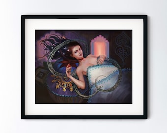 Sweet Dreams Art Print - Magic Realism Surreal Dream Painting - Woman Snake Skeleton - Dark Boho - 5x7 8x10 8.5x11 Artwork with Mat option