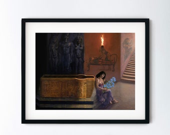 Ancient Egypt Painting Art Print - Beautiful Egyptian Woman Mourning with Blue Lotus and Sarcophagus - 8.5x11 Artwork with 11x14 Mat Option