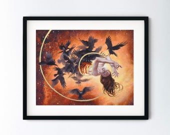 Life Death Reincarnation Art Print - Sky Burial Painting  - Woman in Nebula with Birds and Golden Ratio Spiral - 8.5x11 Print with 11x14 Mat