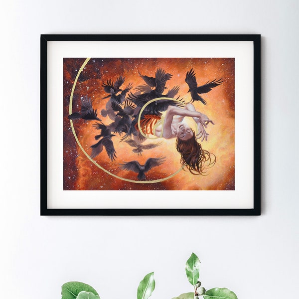 Life Death Reincarnation Art Print - Sky Burial Painting  - Woman in Nebula with Birds and Golden Ratio Spiral - 8.5x11 Print with 11x14 Mat