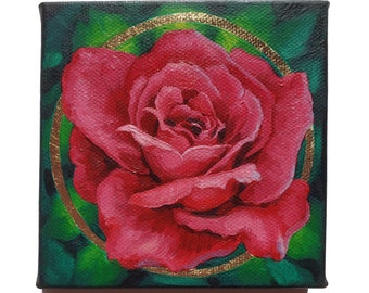 Red Rose Oil Painting with Gold Leaf - Romantic Floral Original Art - Mini 4x4 Inch Original Oil Painting on Canvas - Unique Handmade Gift