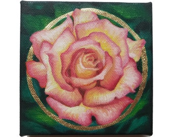 Peach Pink Rose Painting with Gold Leaf - Romantic Dark Floral Original Art - 4x4 Original Oil Painting on Canvas - Unique Handmade Gift