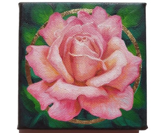 Pink Rose Oil Painting with Gold Leaf - Romantic Floral Art - 4x4 Inch Original Oil Painting on Canvas - One of a Kind Handmade Gift