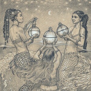 Three Mermaids Art Print Starry Night with Sirens and Lanterns Underwater Art Fantasy Magic Realist Artwork with 11x14 Mat Option image 2