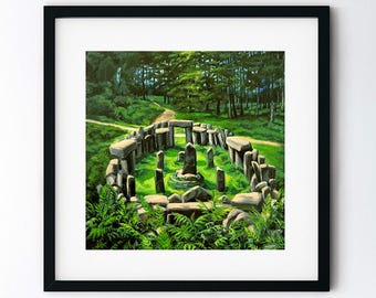 Druids Temple Art Print - Swinton Folly Masham Yorkshire Painting - Pagan Nature Art - Square Green Forest Art - 8x8 Print with 12x12 Mat
