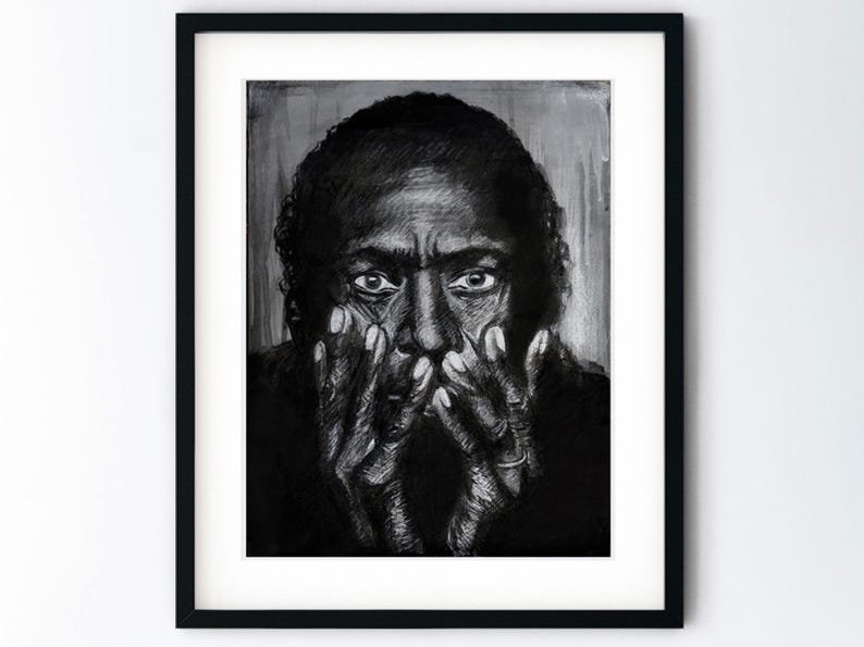 Miles Davis Art Print - Jazz Icon Drawing - Anton Corbijn Sketch - Handmade Black and White Artwork - 5x7 or 8x10 or 8.5x11 with Mat by Genie Melisande