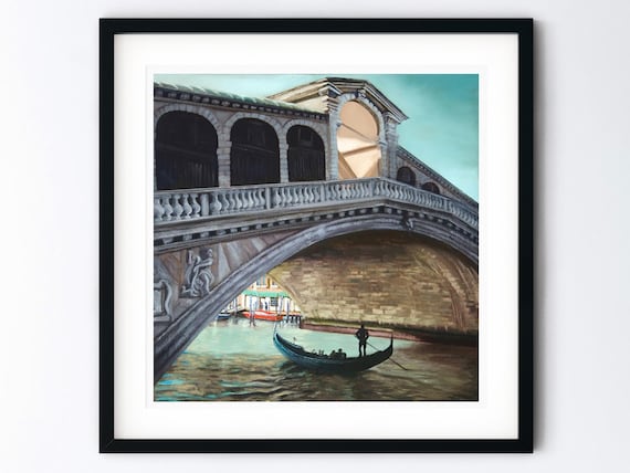 Venice Italy Art Print - Rialto Bridge Gondola Painting - Venetian Canal Gondolier - Matted Square Artwork -  8x8 Print with 12x12 Mat