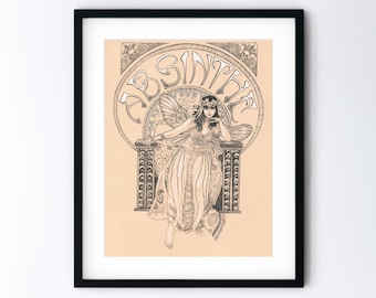 Art Nouveau Hand Embellished Print - Absinthe Fairy Theda Bara Drawing Gift - Handmade Black White Pastel Artwork with 11x14 Mat option