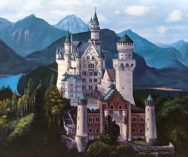 Fairy Tale Castle Art Print Neuschwanstein Oil Painting Germany European  Landscape Handmade 8x10 or 8.5x11 Artwork With 11x14 Mat 