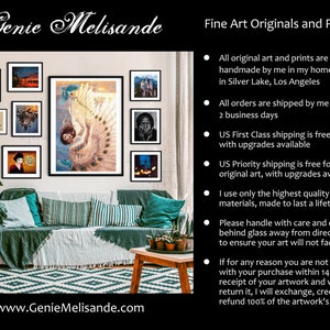 May include: A living room interior with a green sofa and a gallery wall of framed artwork. The artwork includes a variety of styles, including landscapes, portraits, and abstract art. The text on the wall reads "Genie Melisande" and "www.GenieMelisande.com".