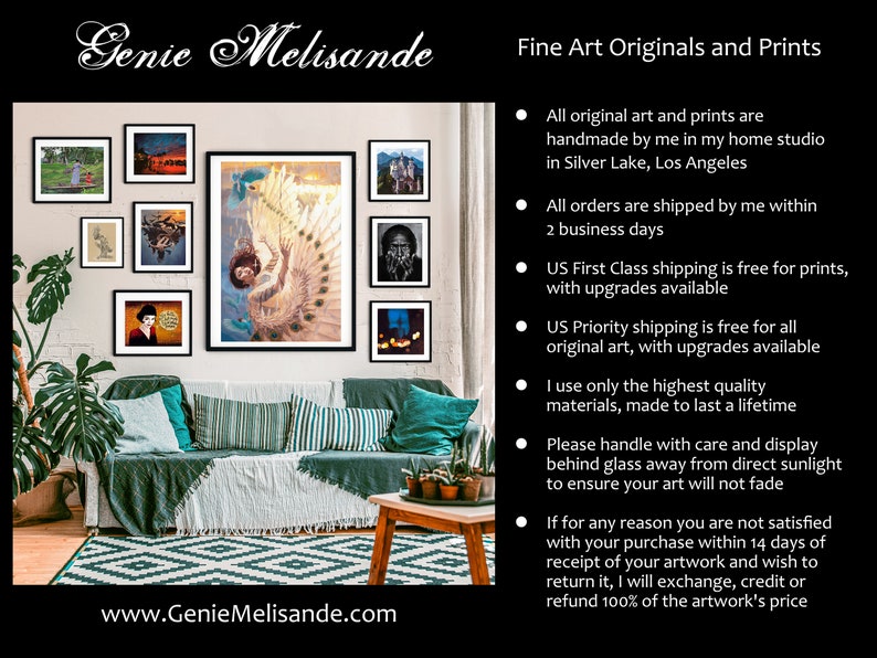 May include: A living room interior with a green sofa and a gallery wall of framed artwork. The artwork includes a variety of styles, including landscapes, portraits, and abstract art. The text on the wall reads "Genie Melisande" and "www.GenieMelisande.com".