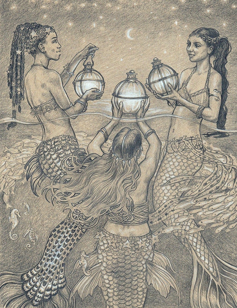 Three Mermaids Art Print Starry Night with Sirens and Lanterns Underwater Art Fantasy Magic Realist Artwork with 11x14 Mat Option image 2