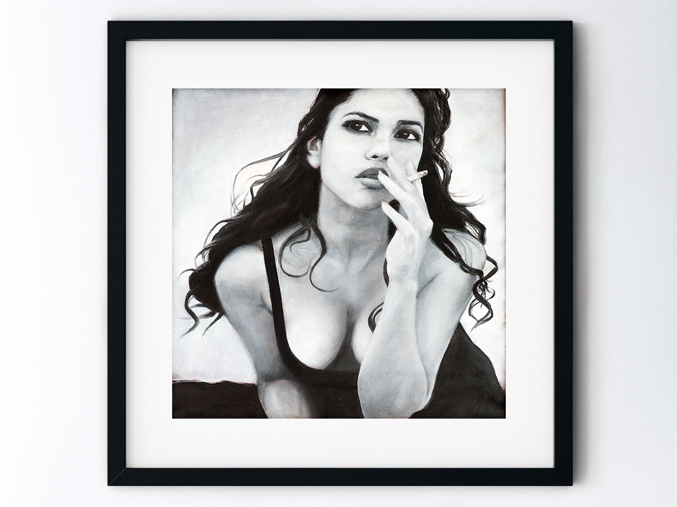Bond Girl Art Print - Monica Bellucci Painting - 8x8 Square Artwork in 12x12 Mat - Handmade Black and White Glamorous Retro Smoking Woman