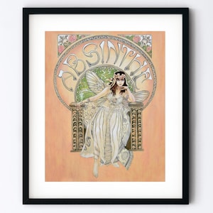 Art Nouveau Absinthe Fairy Art Print - Colorful Pastel Theda Bara Drawing - Handmade 5x7 or 8x10 or 8.5x11 Inch Artwork with Mat Option fine art gift handmade by artist Genie Melisande