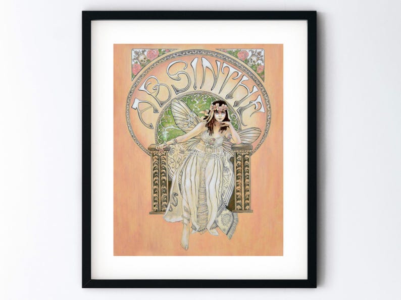 Art Nouveau Absinthe Fairy Art Print - Colorful Pastel Theda Bara Drawing - Handmade 5x7 or 8x10 or 8.5x11 Inch Artwork with Mat Option fine art gift handmade by artist Genie Melisande