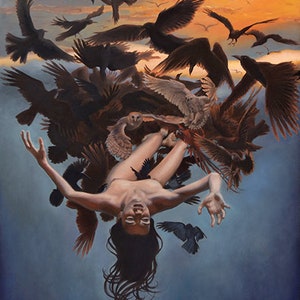 Sky Burial Art Print Woman Dissolving into Sky and Flock of Birds Painting Handmade Surreal Fantasy Artwork 8x10 with 11x14 Mat Option image 2
