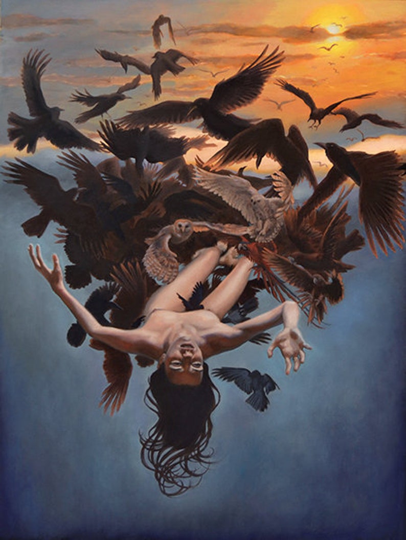 Sky Burial Art Print Woman Dissolving into Sky and Flock of Birds Painting Handmade Surreal Fantasy Artwork 8x10 with 11x14 Mat Option image 2