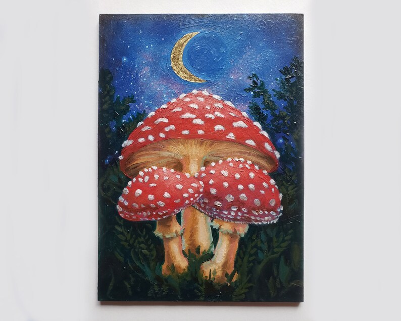 Mushroom Oil Painting with Gold Leaf Moon Handmade Amanita Muscaria Art Goblincore Shrooms Decor Small 5x7 Framed Original Artwork image 4