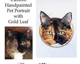 Hand Painted Pet Portrait - Personalized Art Gift - Handmade Custom Acrylic Painting with Gold Leaf on Watercolor Paper with Optional Mat