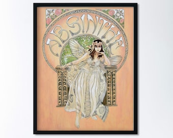 Art Nouveau Absinthe Fairy Giclée Print - Colorful Pastel Theda Bara Drawing - Handmade 11x14 inch Print Artwork - Silent Movie Green Fairy