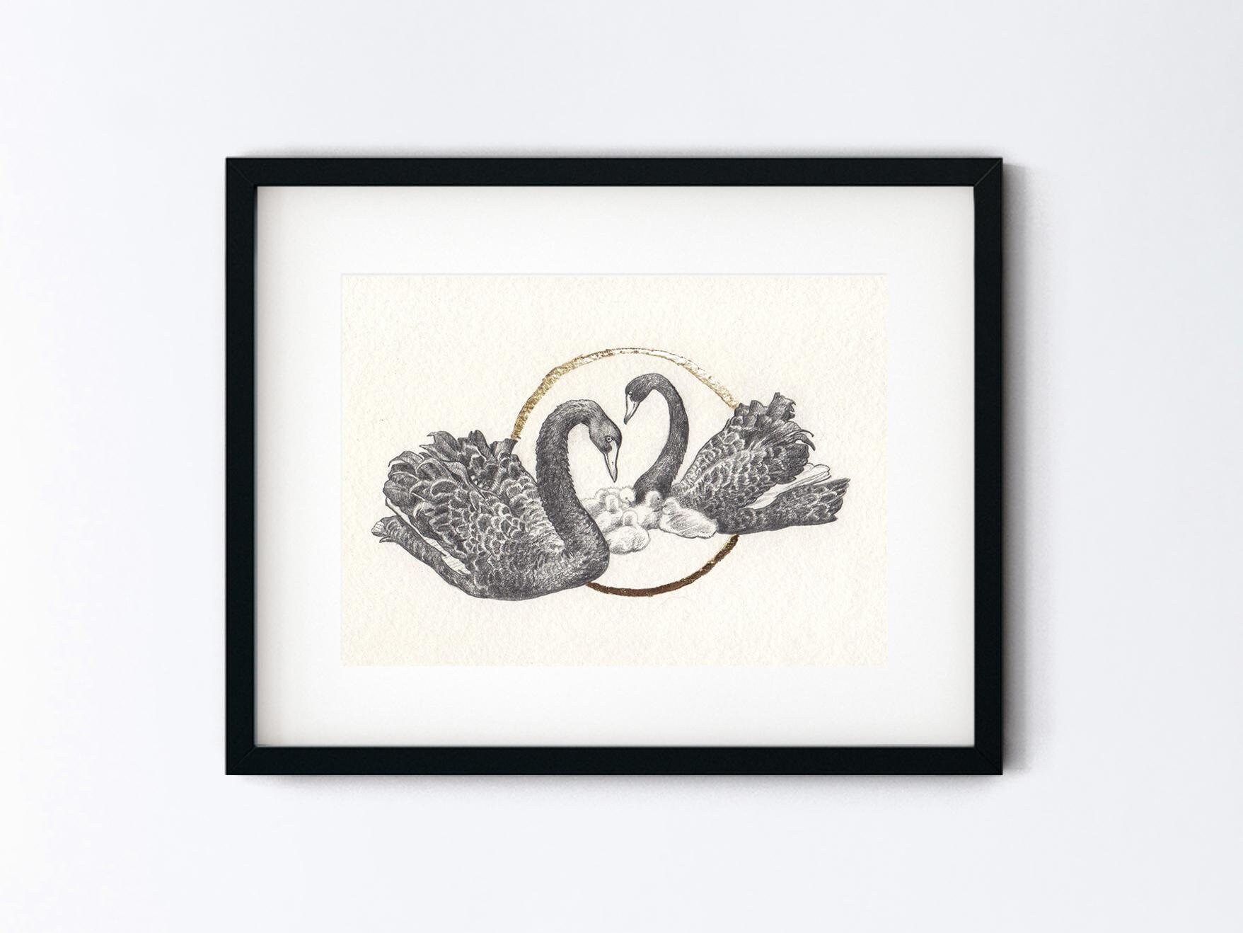 Original Drawing Black Swan Family - Bird Art Gift - Pencil Sketch With Gold Leaf - One of a Kind Handmade Artwork - 5x7 With 8x10 Mat