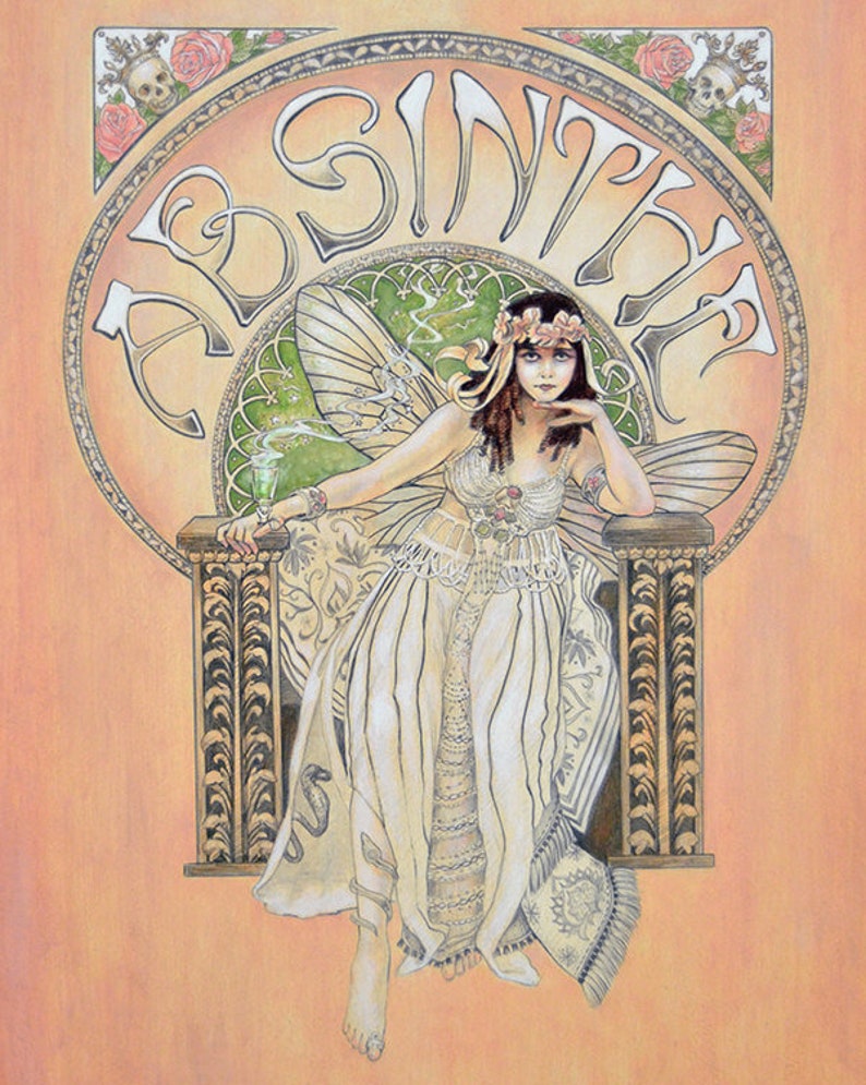 May include: A vintage-style illustration of a woman with wings, wearing a white dress and a floral crown, sitting on a throne. The word "Absinthe" is written in a decorative font around her. The background is a light orange color.