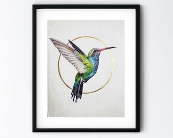 Cuadro original de colibrí con pan de oro - Arte de pájaro en vuelo - Ilustración de pico ancho - Pintura al óleo de 8 x 10 sobre panel de madera - Regalo hecho a mano