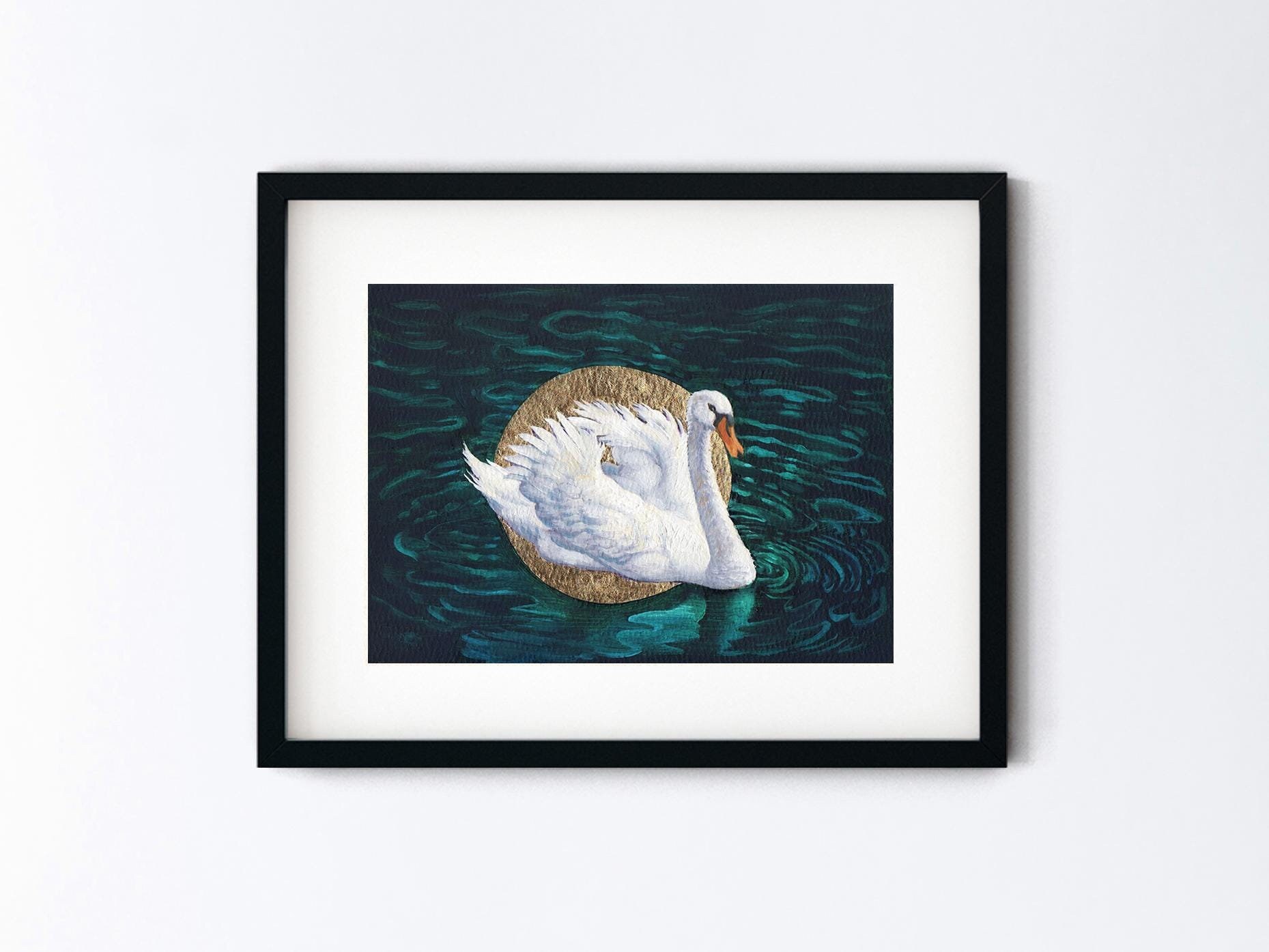 Original Painting Swan with Gold Leaf - Handmade Bird Art Gift - White Swan Floating on Dark Green Water - 5x7 Oil Painting with 8x10 Mat