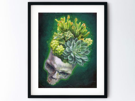 Skull Succulents Painting Print - Life After Death Art - Green