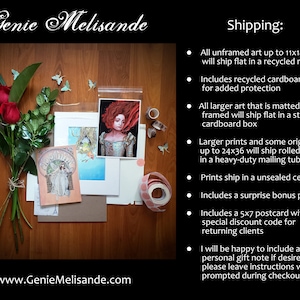 May include: A wooden table with a bouquet of red roses, a framed art print, and a variety of art supplies. The art print features a woman with red hair and a blue dress. The text "Genie Melisande" and "www.GenieMelisande.com" are visible on the table. The text "Shipping:" is visible on the right side of the image, followed by a list of shipping details.