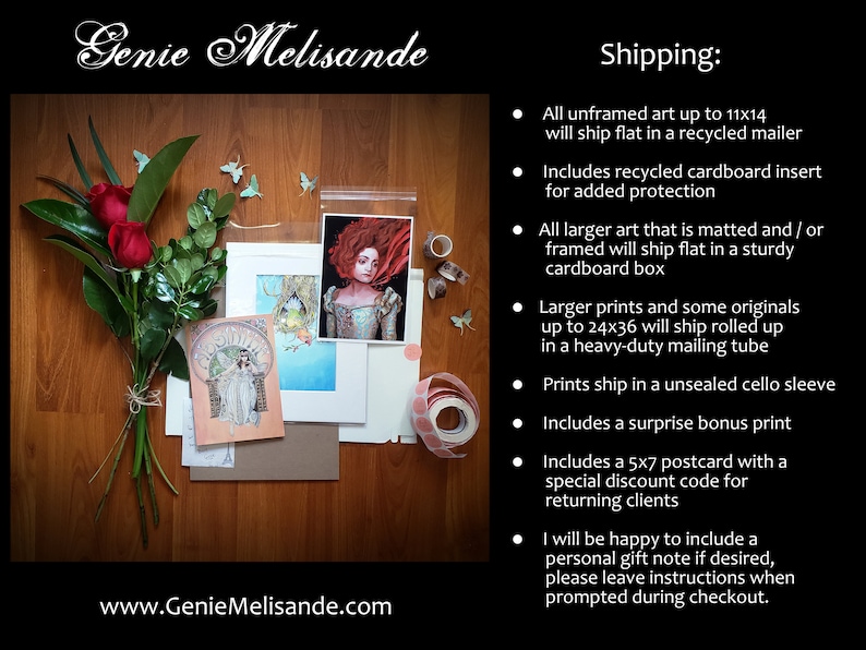 May include: A wooden table with a bouquet of red roses, a framed art print, and a variety of art supplies. The art print features a woman with red hair and a blue dress. The text "Genie Melisande" and "www.GenieMelisande.com" are visible on the table. The text "Shipping:" is visible on the right side of the image, followed by a list of shipping details.