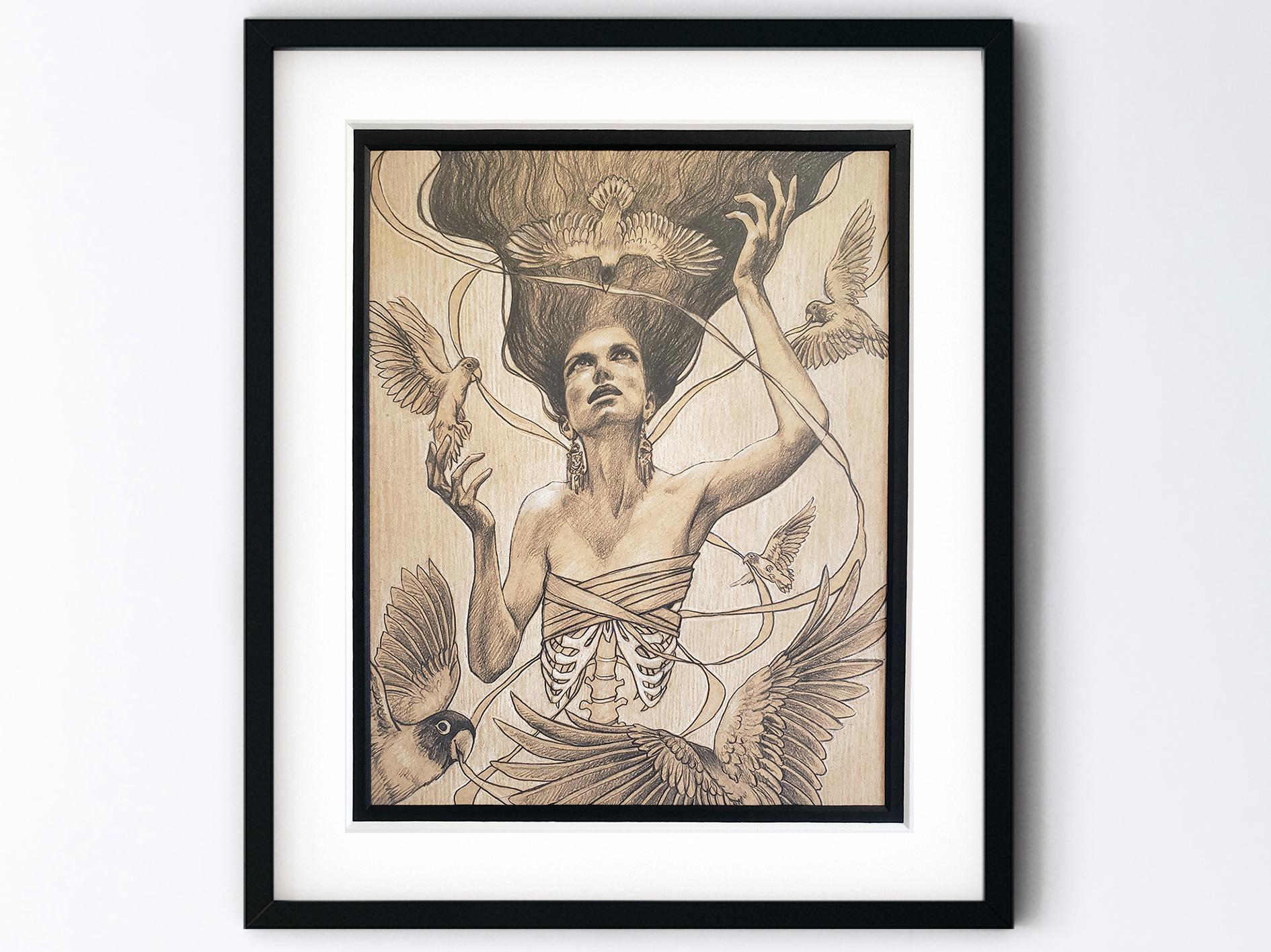 Original Drawing Unraveling Woman - Ribcage Art With Flying Lovebirds -  Dark Transcendental Art - Surreal Magic Realism Art With 11x14 Mat - Etsy