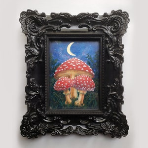 Mushroom Oil Painting with Gold Leaf Moon Handmade Amanita Muscaria Art Goblincore Shrooms Decor Small 5x7 Framed Original Artwork image 1